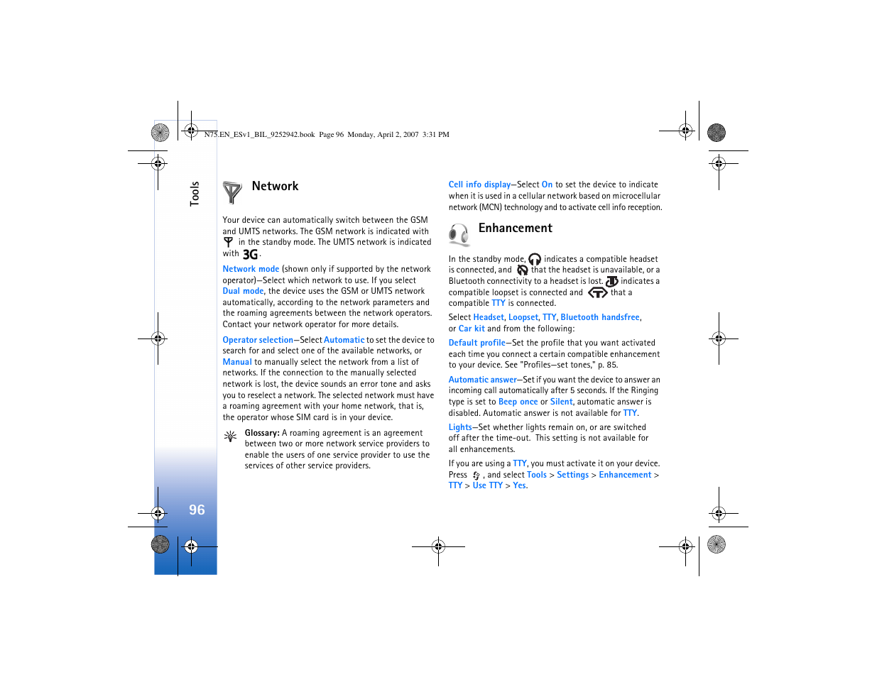 Network, Enhancement, Network enhancement | Nokia N75 User Manual | Page 129 / 297
