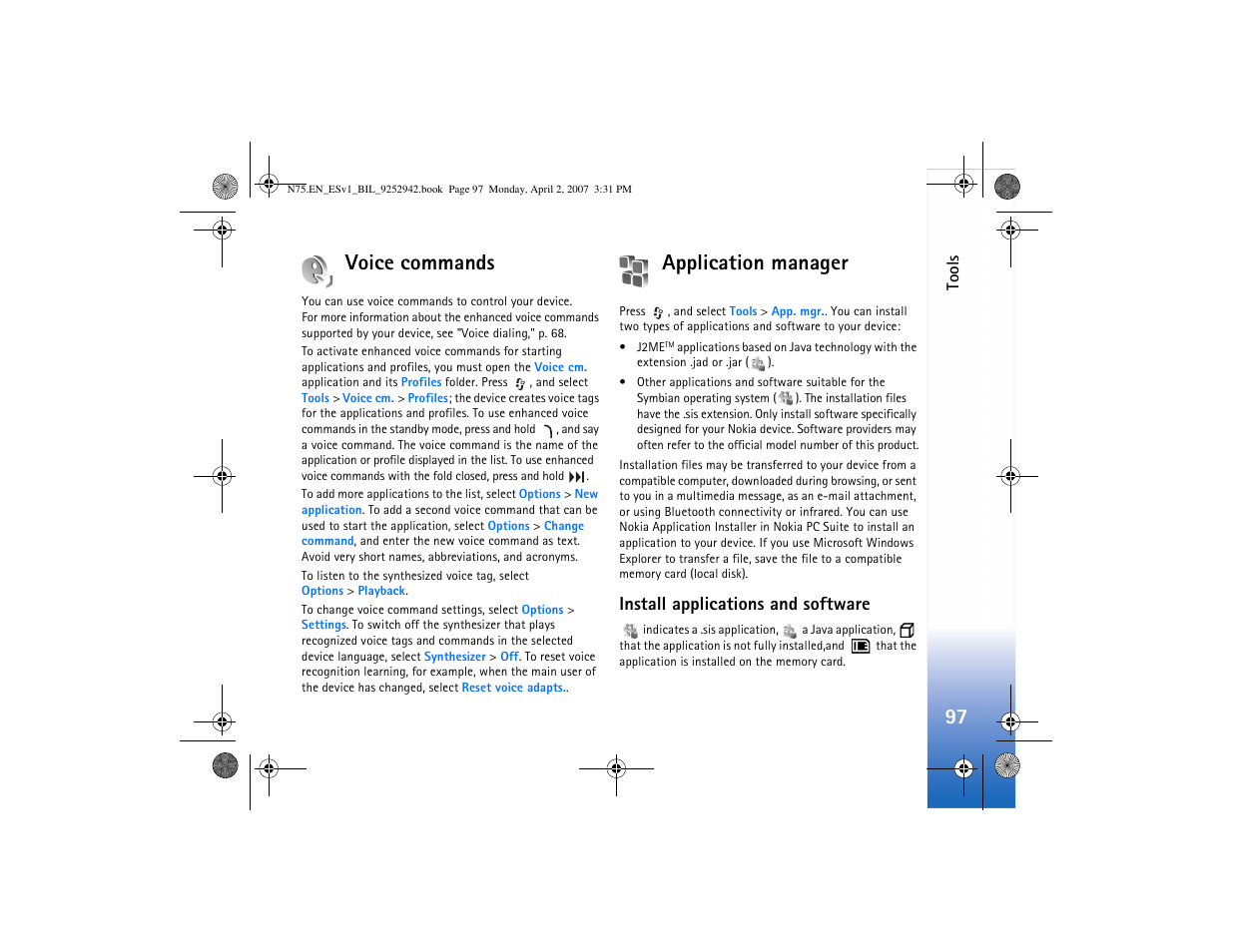 Voice commands, Application manager, Install applications and software | E "application manager," p. 97, Also "application, Manager," p, 97 voice commands | Nokia N75 User Manual | Page 130 / 297