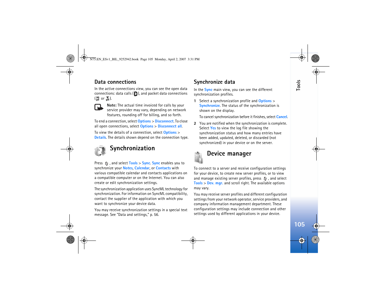Data connections, Synchronization, Synchronize data | Device manager | Nokia N75 User Manual | Page 138 / 297