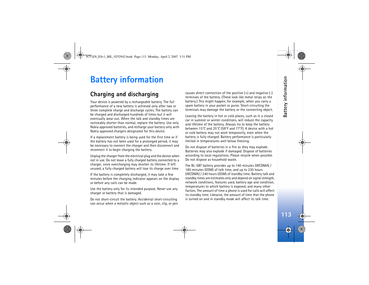 Battery information, Charging and discharging | Nokia N75 User Manual | Page 146 / 297