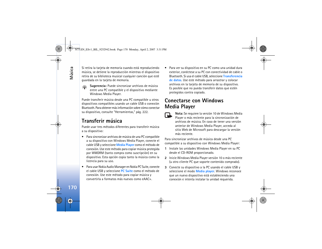 Transferir música, Conectarse con windows media player | Nokia N75 User Manual | Page 203 / 297