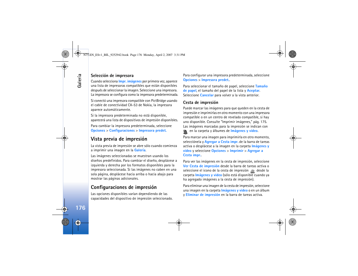 Cesta de impresión," pág, Vista previa de impresión, Configuraciones de impresión | Nokia N75 User Manual | Page 209 / 297