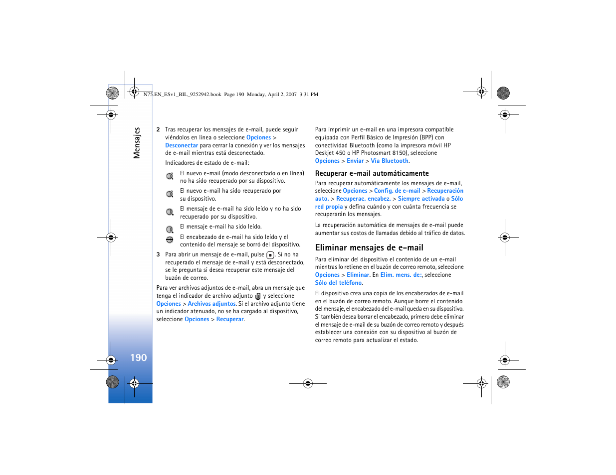 Eliminar mensajes de e-mail | Nokia N75 User Manual | Page 223 / 297