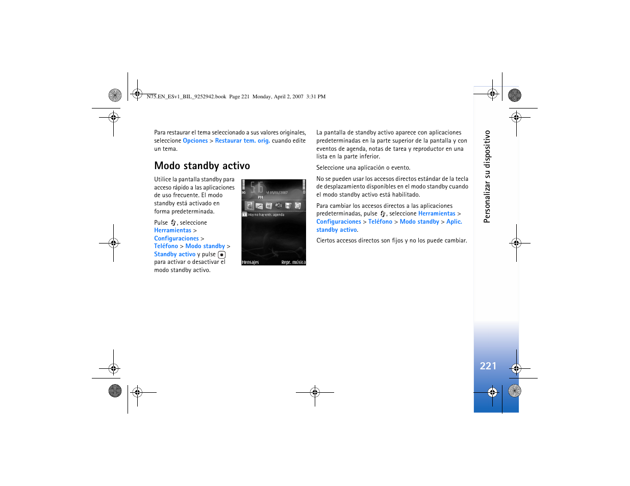 Modo standby activo | Nokia N75 User Manual | Page 254 / 297