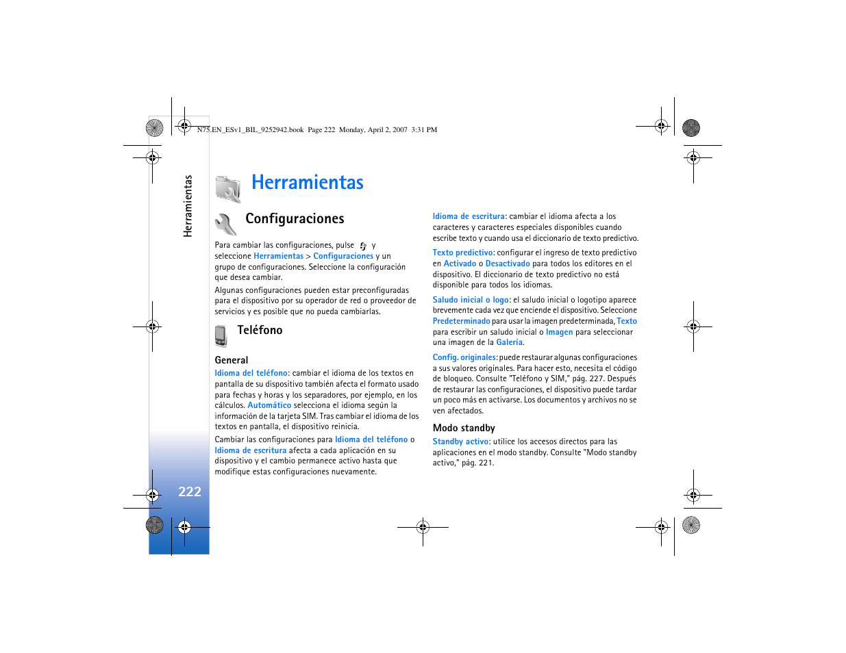 Herramientas, Configuraciones, Teléfono | Modo standby | Nokia N75 User Manual | Page 255 / 297
