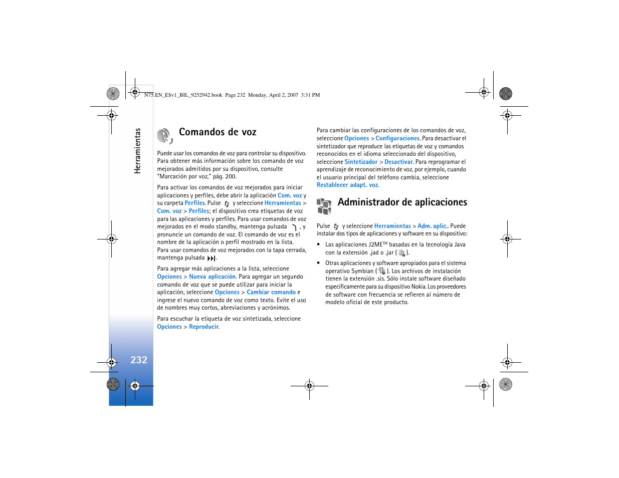 Comandos de voz, Administrador de aplicaciones, Comandos de voz administrador de aplicaciones | Administrador de, Aplicaciones," pág. 232, Administrador de aplicaciones," pá, 232 comandos de voz | Nokia N75 User Manual | Page 265 / 297