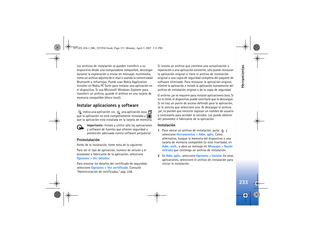 Instalar aplicaciones y software | Nokia N75 User Manual | Page 266 / 297