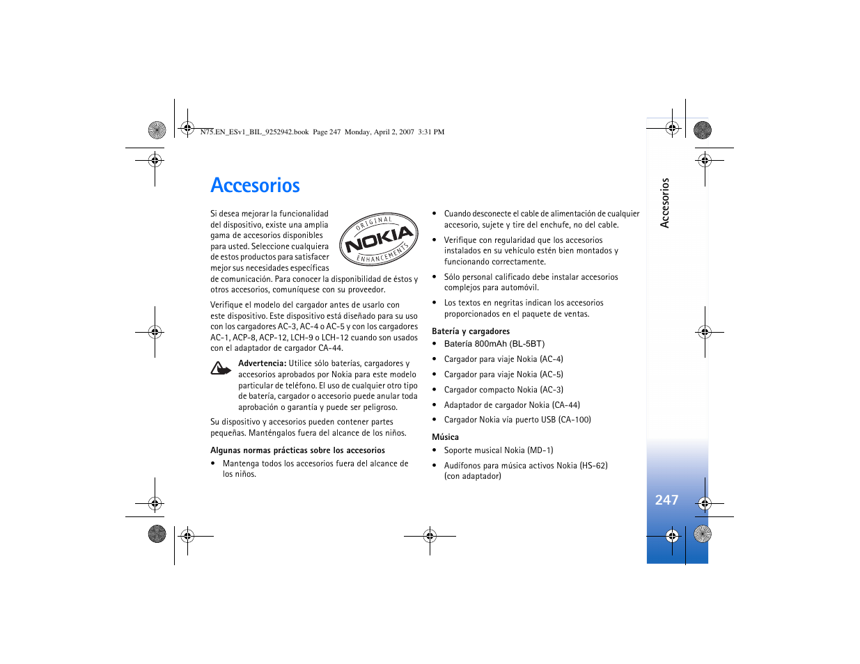 Accesorios | Nokia N75 User Manual | Page 280 / 297