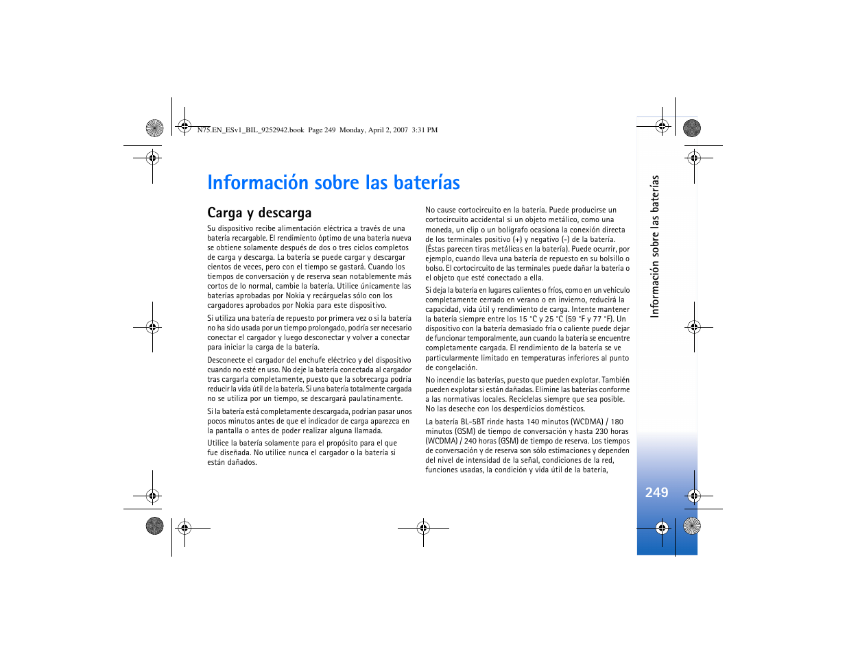 Información sobre las baterías, Carga y descarga | Nokia N75 User Manual | Page 282 / 297