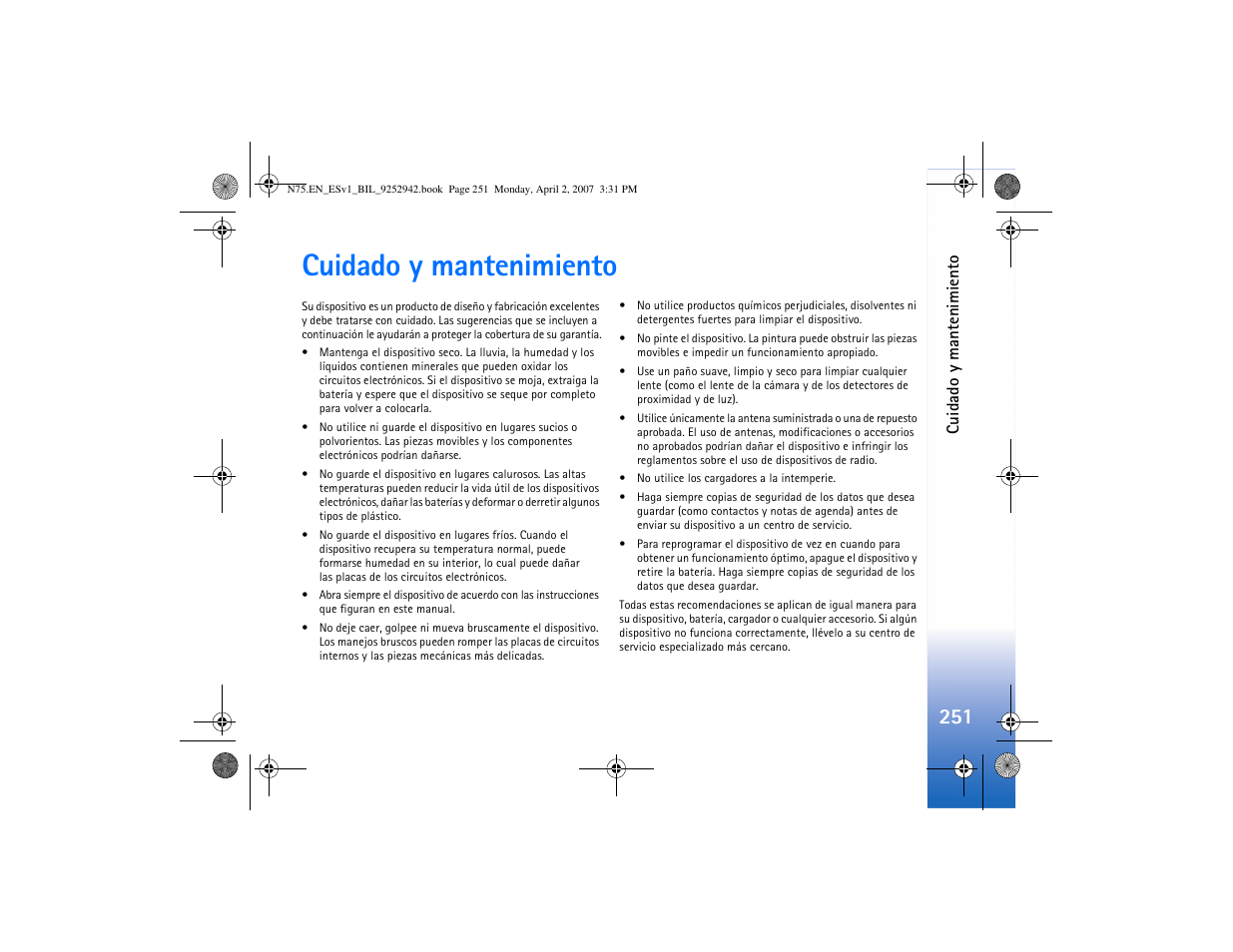 Cuidado y mantenimiento | Nokia N75 User Manual | Page 284 / 297