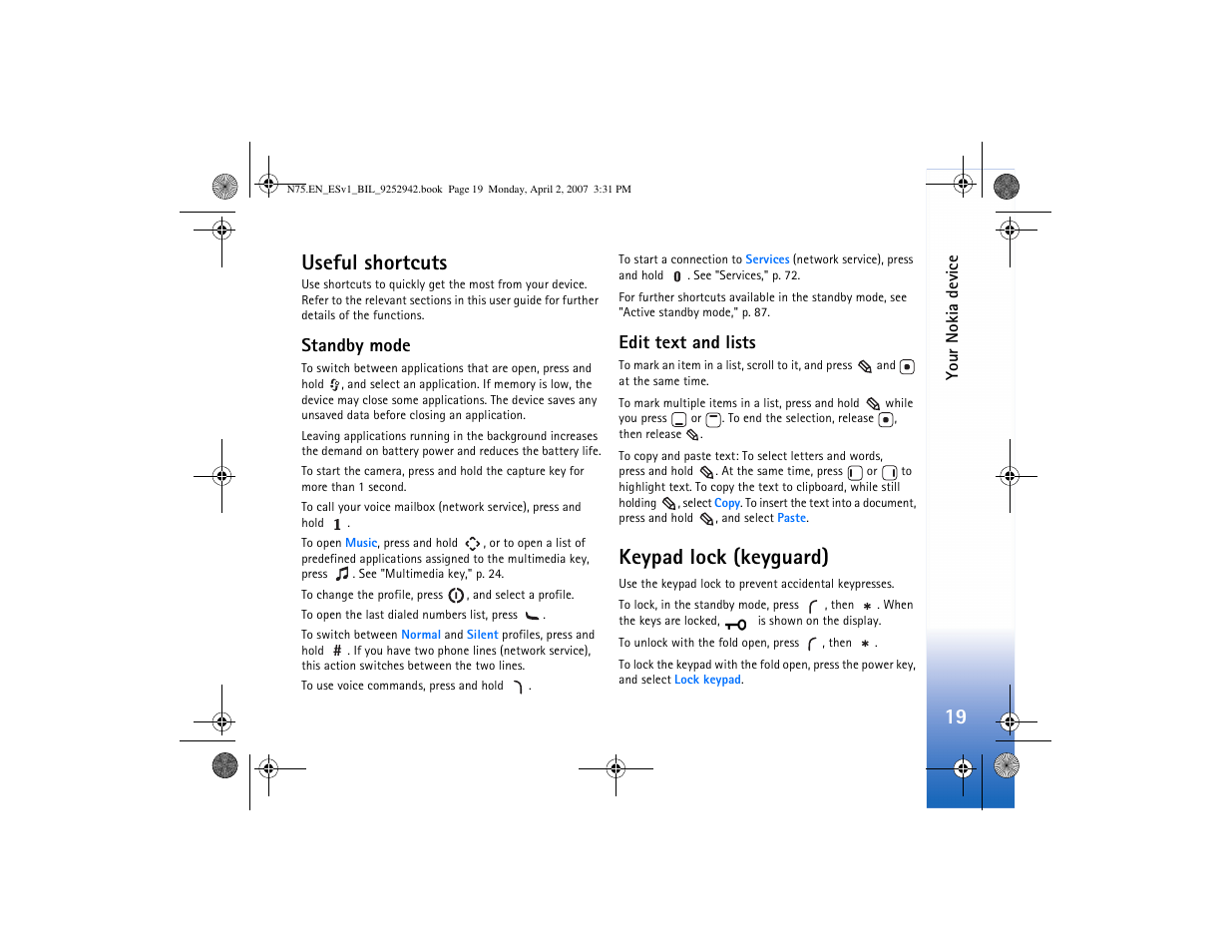 Useful shortcuts, Standby mode, Edit text and lists | Keypad lock (keyguard), Standby mode edit text and lists, 19 useful shortcuts | Nokia N75 User Manual | Page 52 / 297