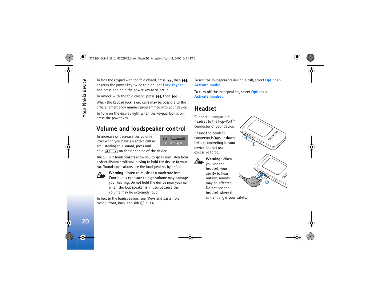 Volume and loudspeaker control, Headset, Volume and loudspeaker control headset | Nokia N75 User Manual | Page 53 / 297