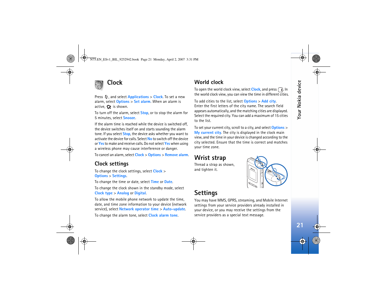 Clock, Clock settings, World clock | Wrist strap, Settings, Clock settings world clock, Wrist strap settings, 21 clock | Nokia N75 User Manual | Page 54 / 297