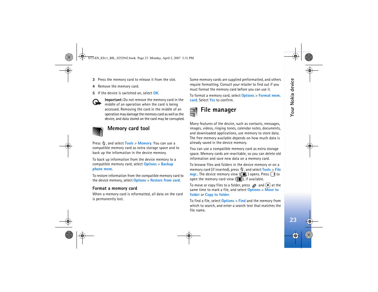 Memory card tool, File manager | Nokia N75 User Manual | Page 56 / 297