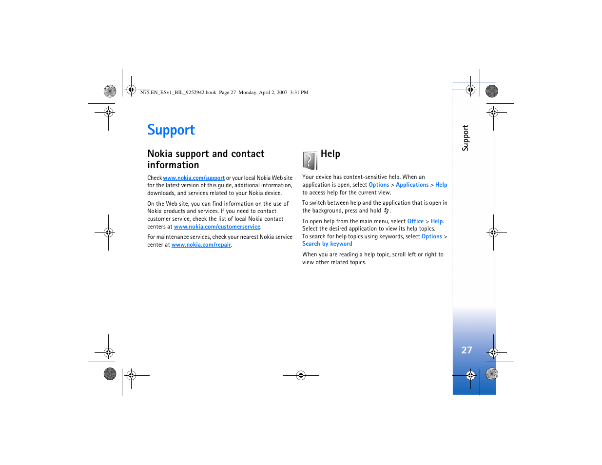 Support, Nokia support and contact information, Help | Nokia support and contact information help | Nokia N75 User Manual | Page 60 / 297