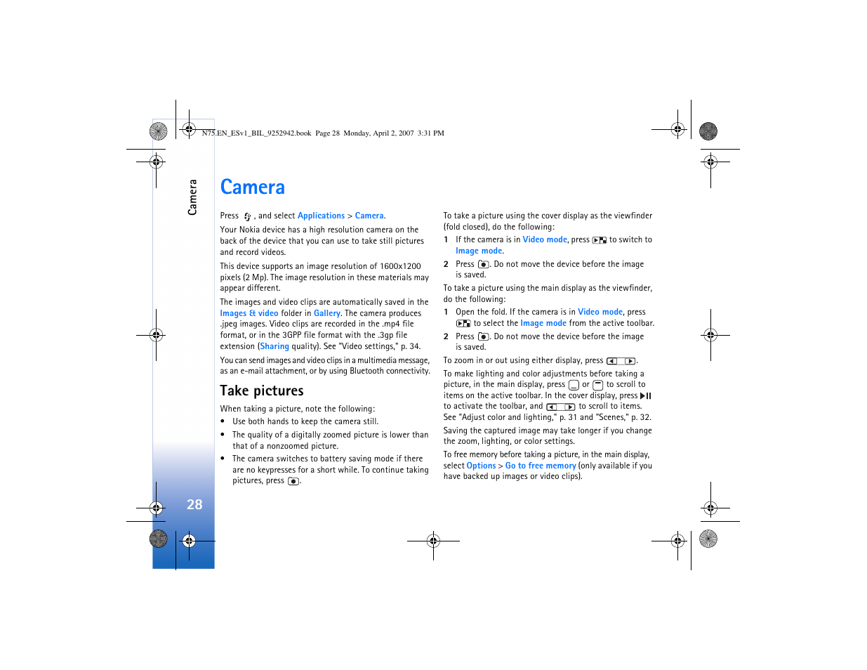 Camera, Take pictures, E "camera | Nokia N75 User Manual | Page 61 / 297
