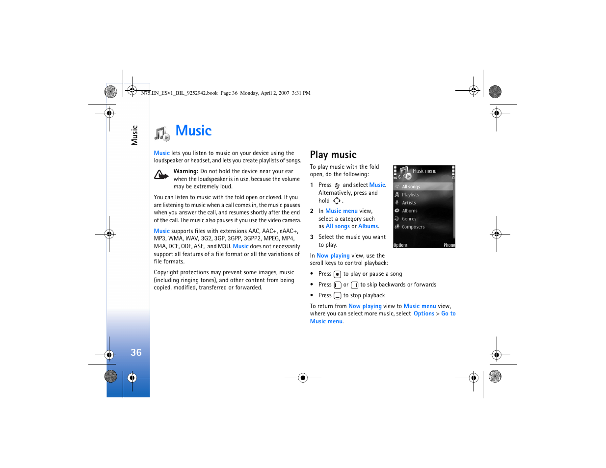 Music, Play music | Nokia N75 User Manual | Page 69 / 297