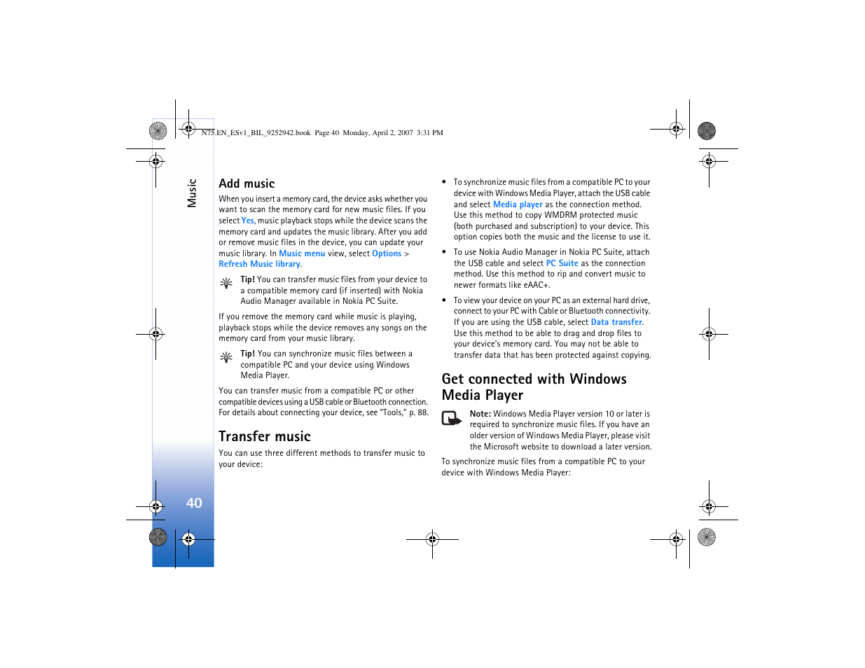 Add music, Transfer music, Get connected with windows media player | Nokia N75 User Manual | Page 73 / 297