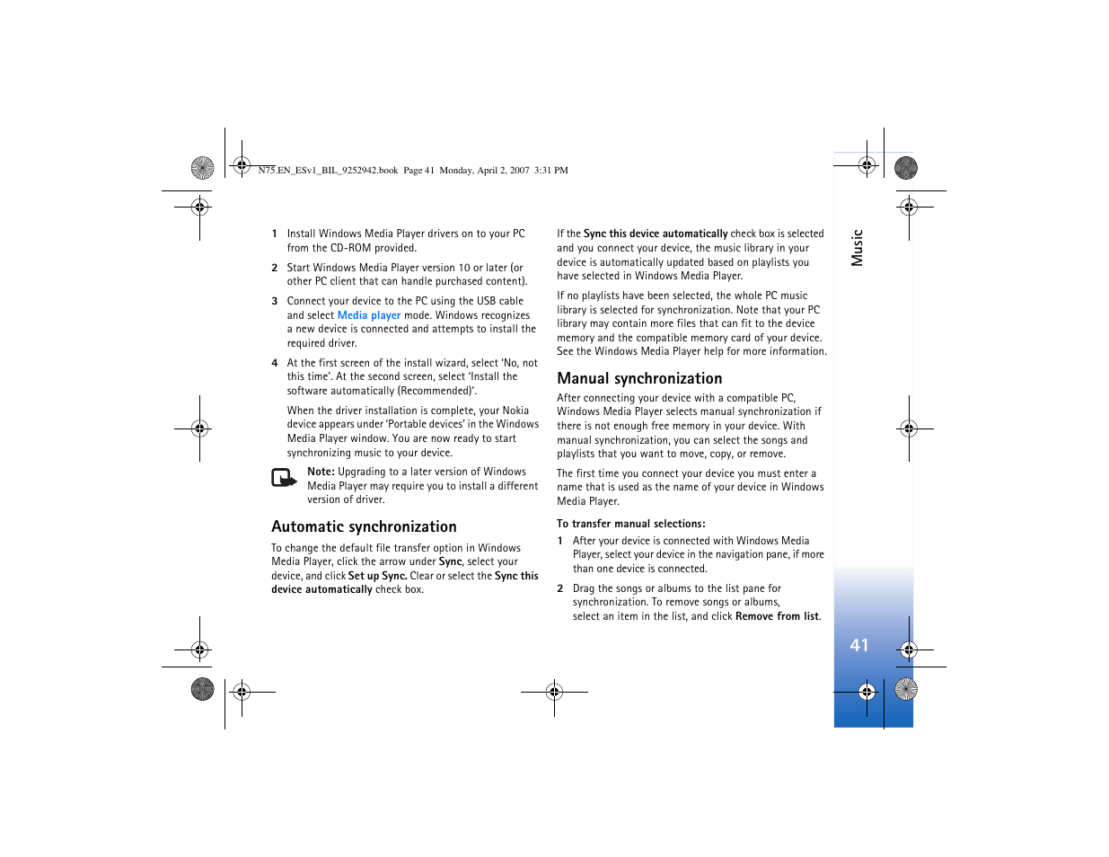 Automatic synchronization, Manual synchronization, Automatic synchronization manual synchronization | Nokia N75 User Manual | Page 74 / 297