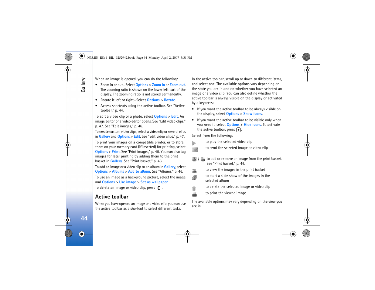 Active toolbar | Nokia N75 User Manual | Page 77 / 297