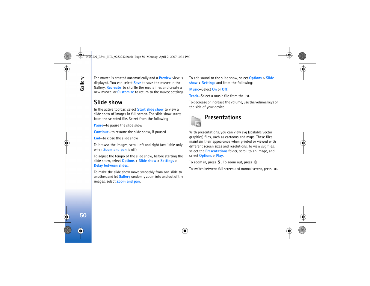 Slide show, Presentations, Slide show presentations | Nokia N75 User Manual | Page 83 / 297