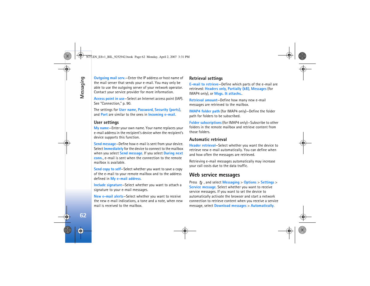 Web service messages | Nokia N75 User Manual | Page 95 / 297