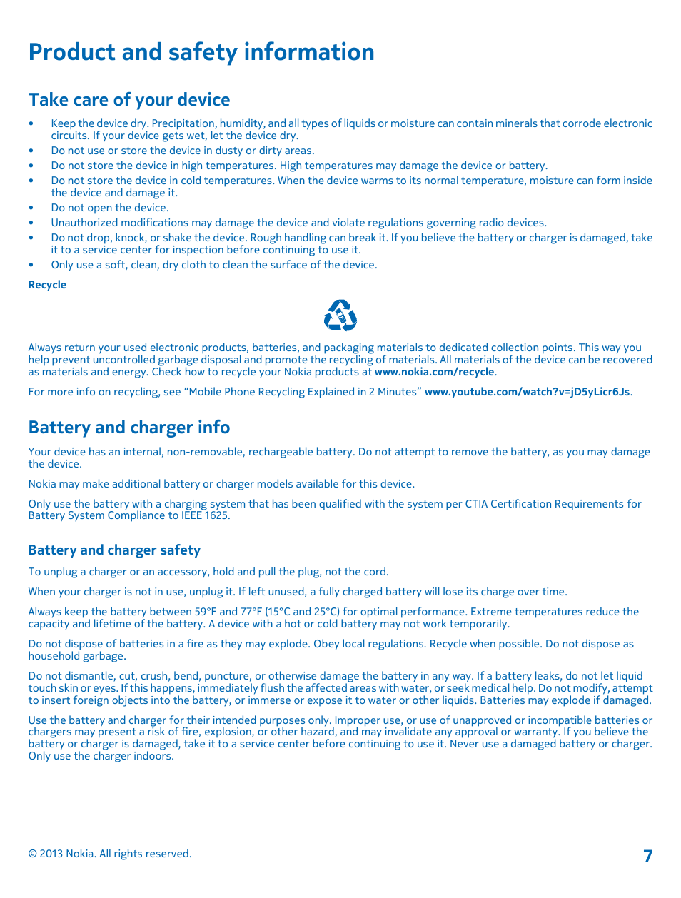 Product and safety information, Take care of your device, Battery and charger info | Battery and charger safety | Nokia SU-42 User Manual | Page 7 / 8