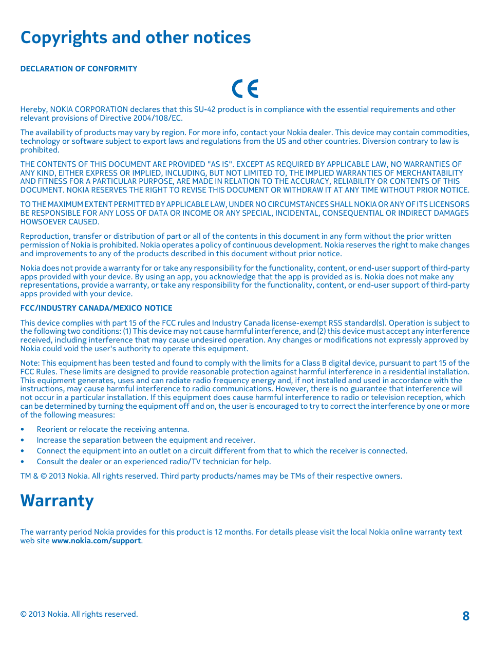 Copyrights and other notices, Warranty | Nokia SU-42 User Manual | Page 8 / 8