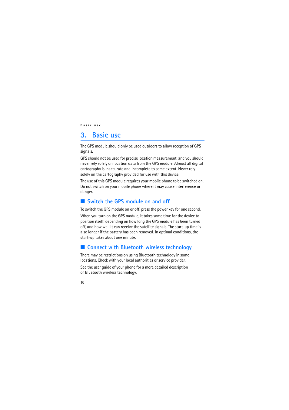 Basic use, Switch the gps module on and off, Connect with bluetooth wireless technology | Nokia Wireless GPS Module LD-3W User Manual | Page 10 / 68