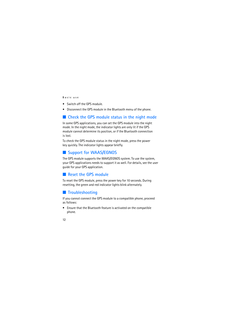 Check the gps module status in the night mode, Support for waas/egnos, Reset the gps module | Troubleshooting | Nokia Wireless GPS Module LD-3W User Manual | Page 12 / 68