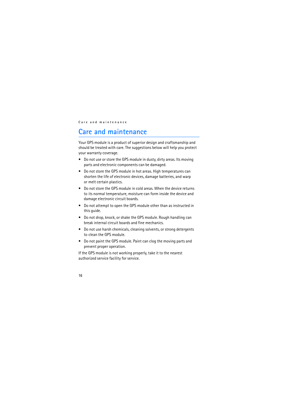 Care and maintenance | Nokia Wireless GPS Module LD-3W User Manual | Page 16 / 68