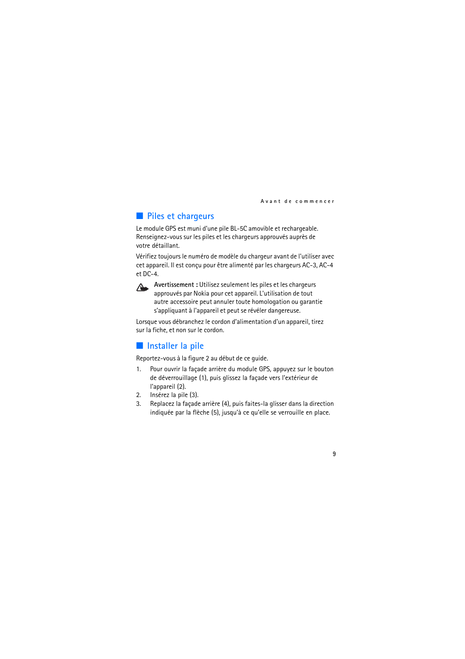Piles et chargeurs, Installer la pile, Piles et chargeurs installer la pile | Nokia Wireless GPS Module LD-3W User Manual | Page 59 / 68