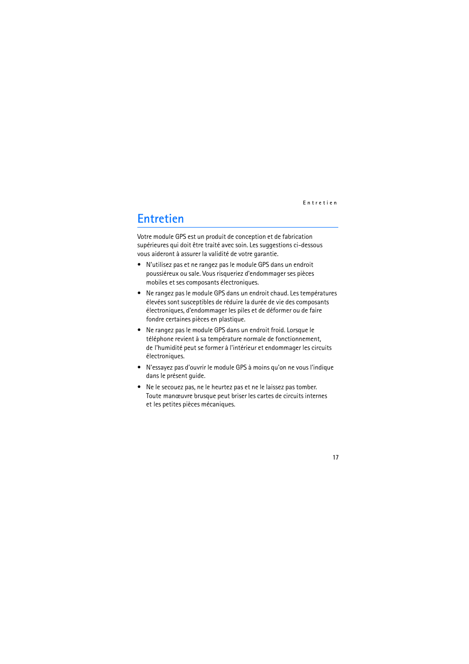 Entretien | Nokia Wireless GPS Module LD-3W User Manual | Page 67 / 68
