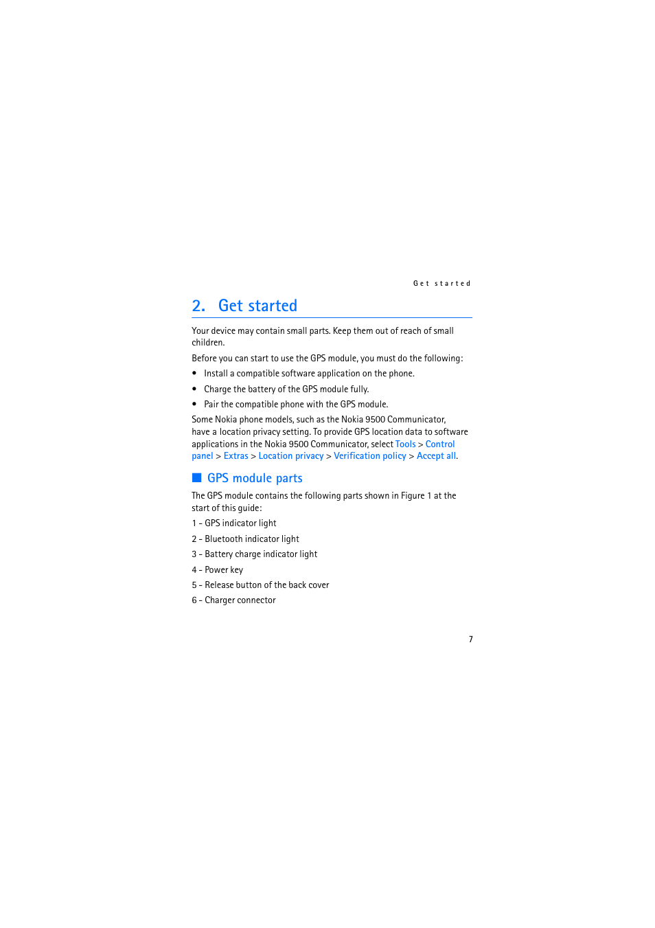 Get started, Gps module parts | Nokia Wireless GPS Module LD-3W User Manual | Page 7 / 68