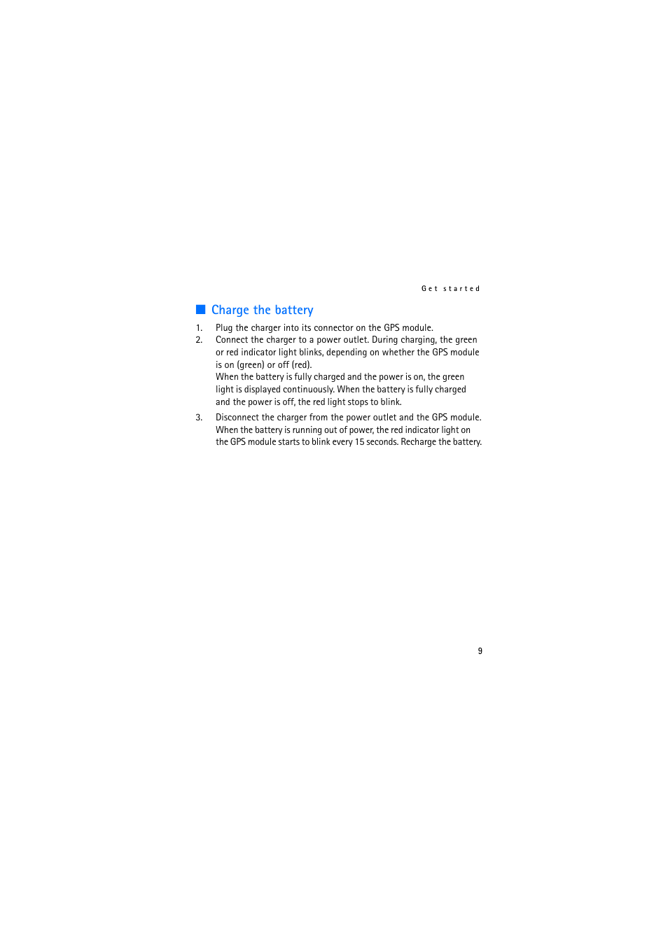 Charge the battery | Nokia Wireless GPS Module LD-3W User Manual | Page 9 / 68