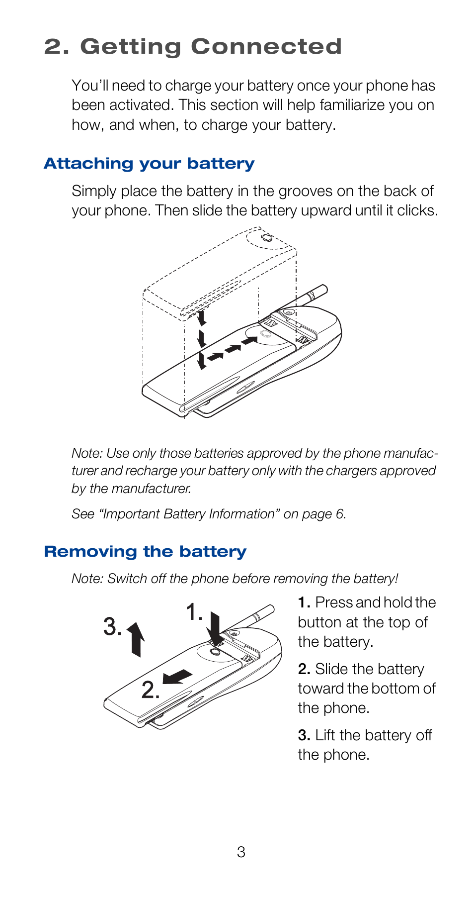 Getting connected, Attaching your battery, Removing the battery | Attaching your battery removing the battery | Nokia 6120i User Manual | Page 10 / 101