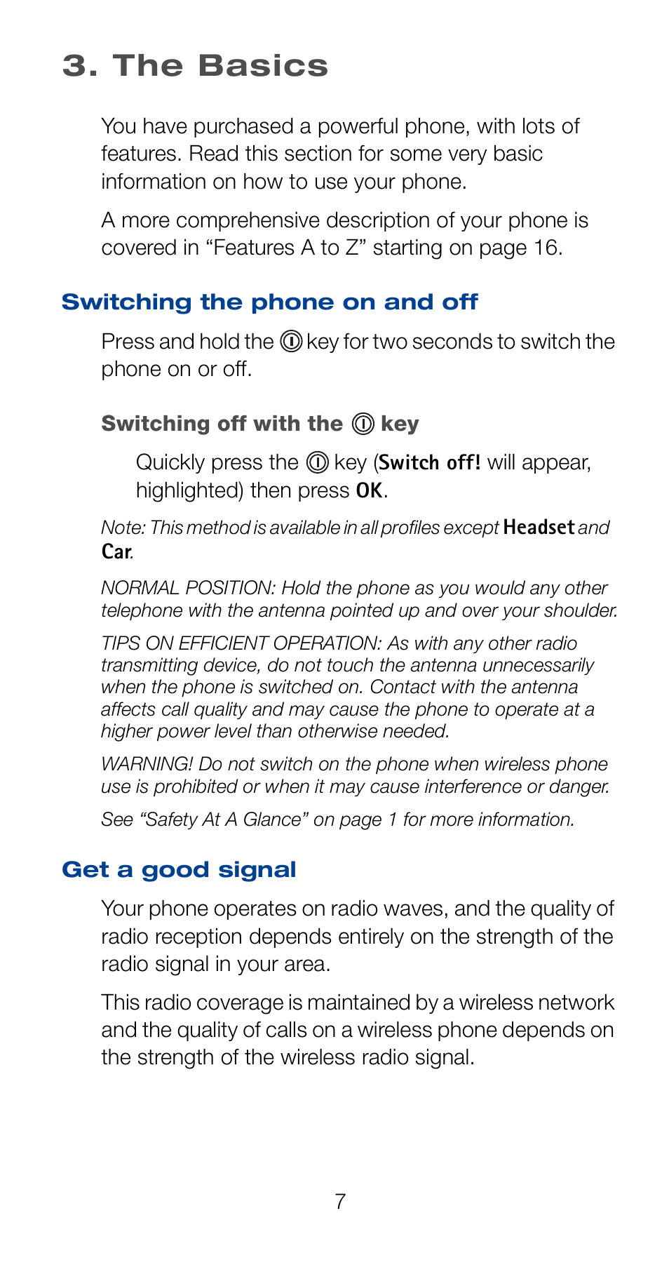 The basics, Switching the phone on and off, Get a good signal | Switching the phone on and off get a good signal | Nokia 6120i User Manual | Page 14 / 101
