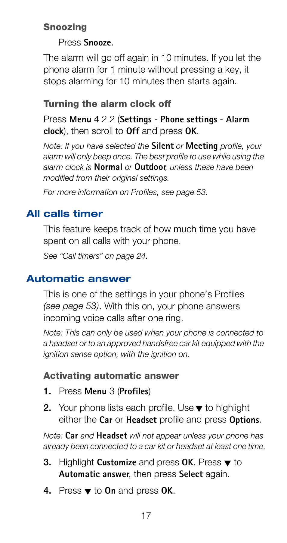 All calls timer, Automatic answer, All calls timer automatic answer | Nokia 6120i User Manual | Page 24 / 101