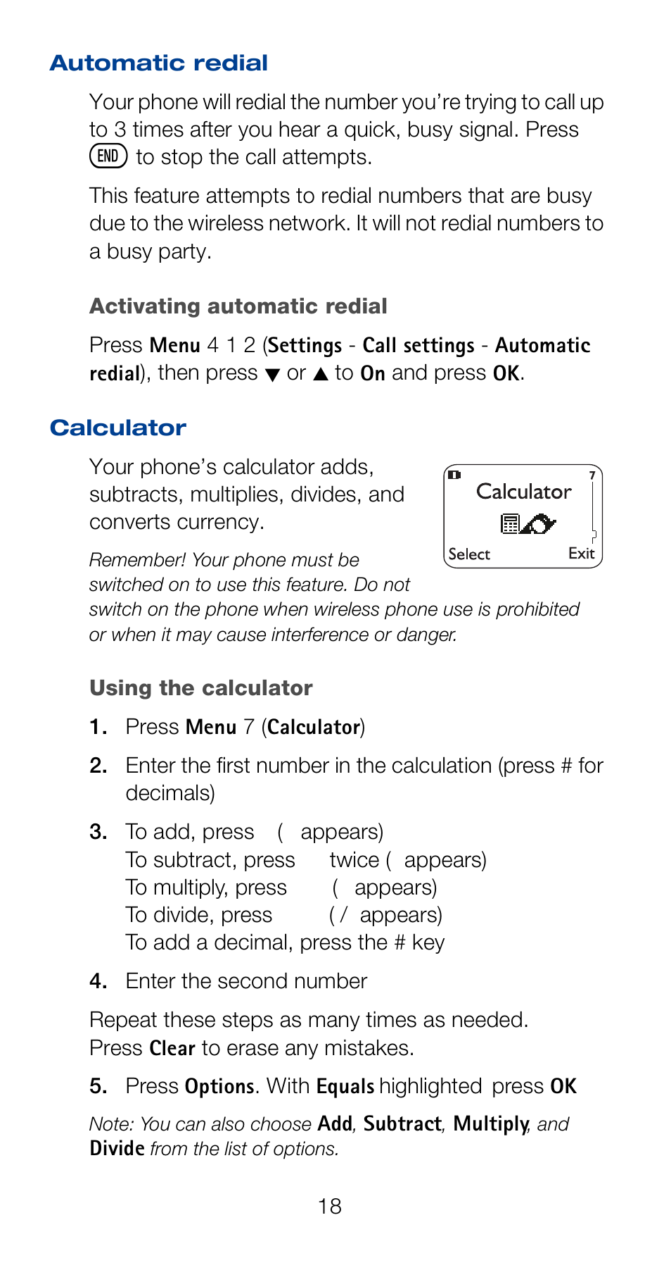 Automatic redial, Calculator, Automatic redial calculator | Nokia 6120i User Manual | Page 25 / 101