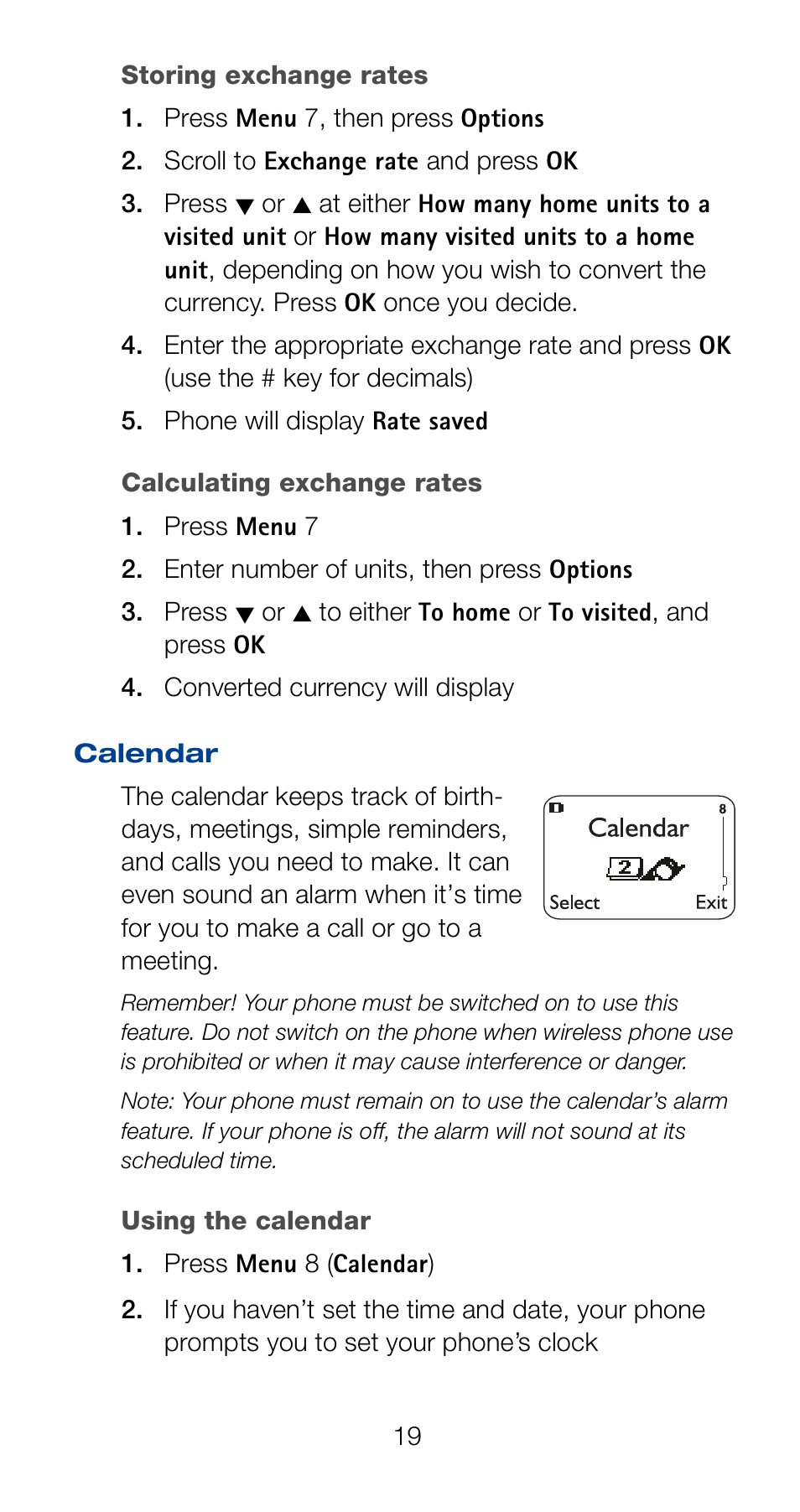 Storing exchange rates, Calculating exchange rates, Calendar | Storing exchange rates calculating exchange rates | Nokia 6120i User Manual | Page 26 / 101