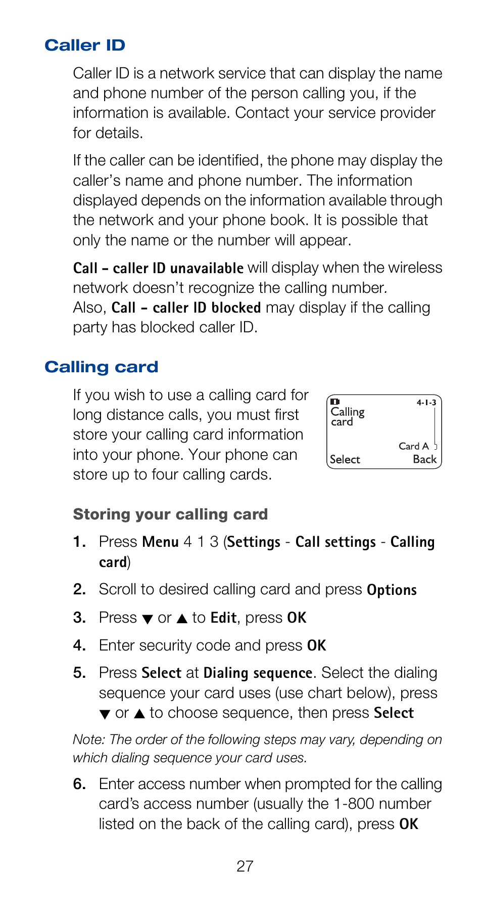 Caller id, Calling card, Caller id calling card | Nokia 6120i User Manual | Page 34 / 101