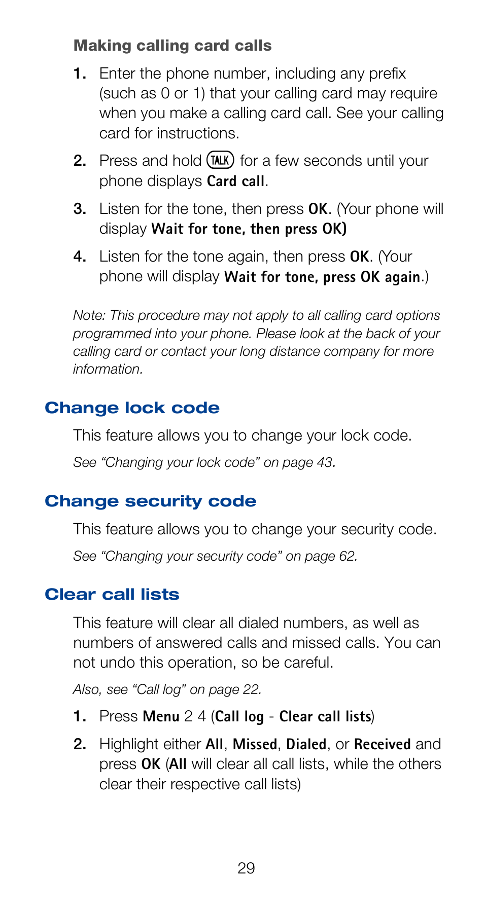 Making calling card calls, Clear call lists | Nokia 6120i User Manual | Page 36 / 101