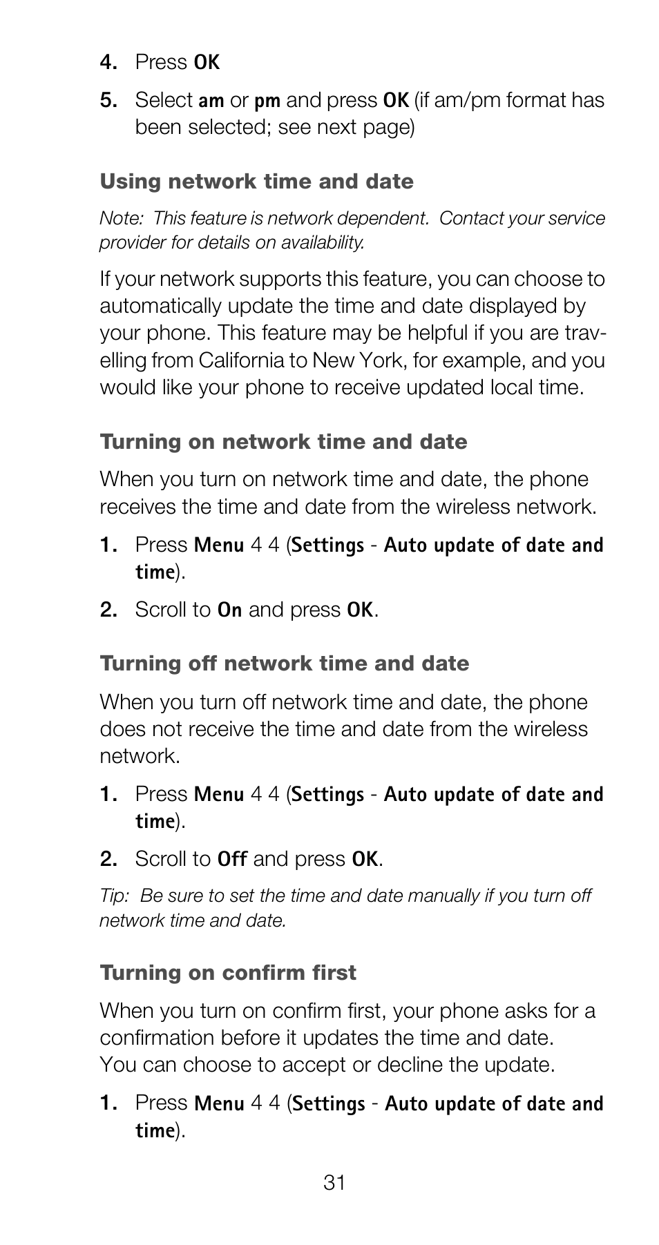 Using network time and date, Turning on network time and date, Turning off network time and date | Turning on confirm first | Nokia 6120i User Manual | Page 38 / 101