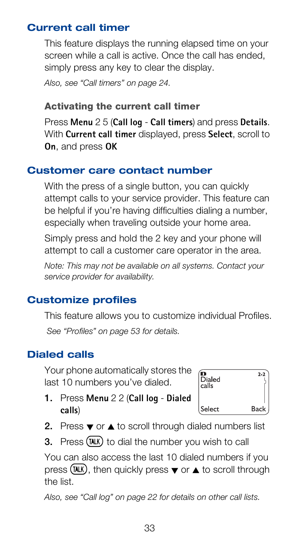 Current call timer, Customer care contact number, Dialed calls | Nokia 6120i User Manual | Page 40 / 101
