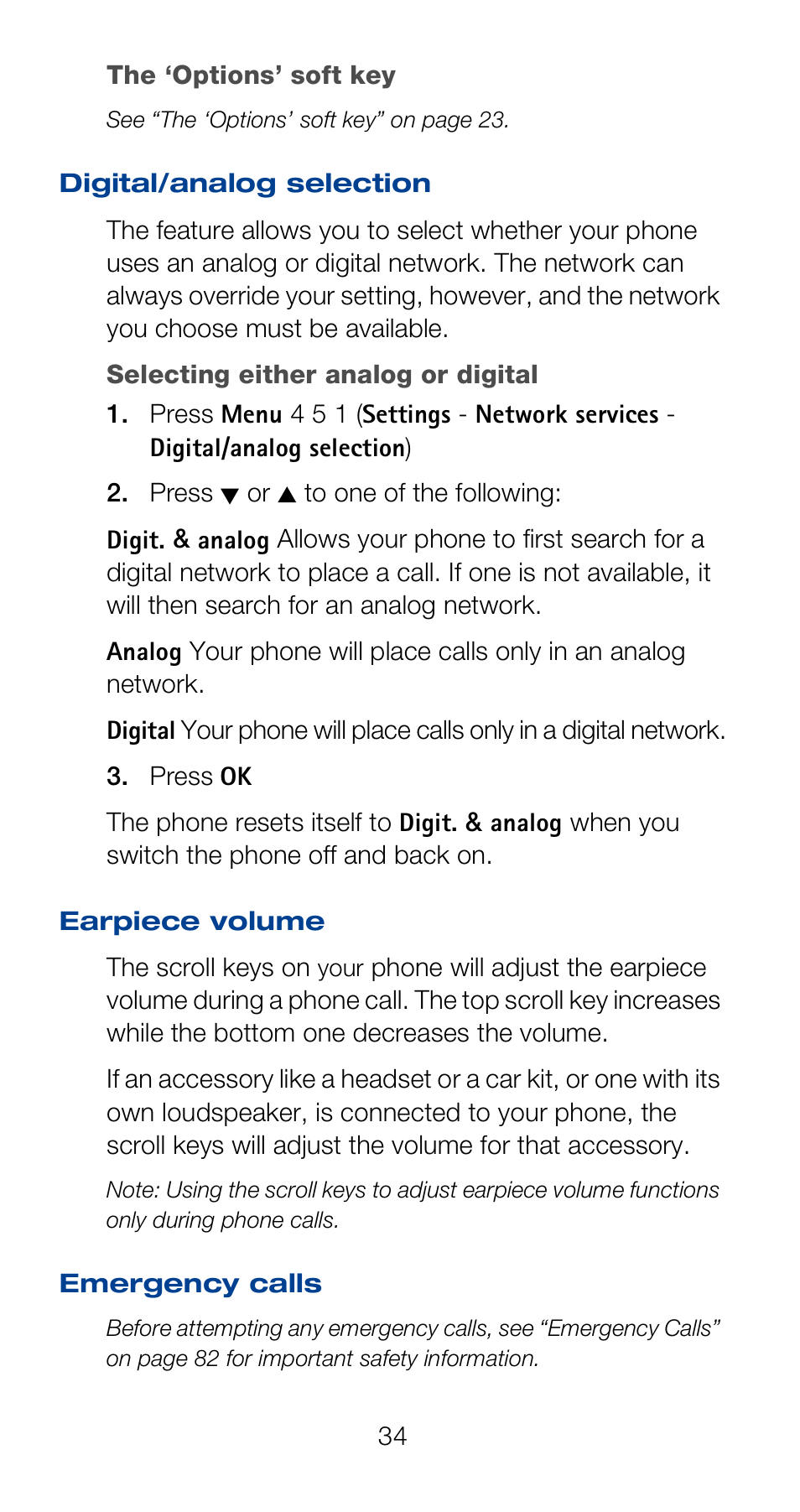 Digital/analog selection, Earpiece volume, Emergency calls | Nokia 6120i User Manual | Page 41 / 101