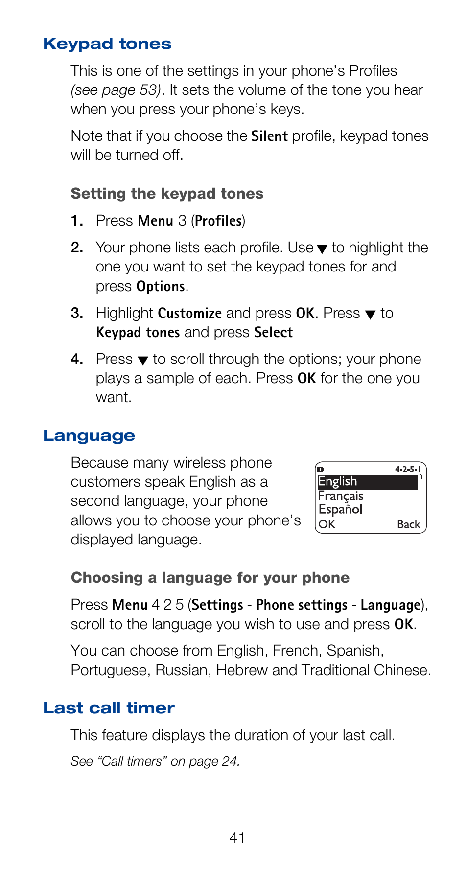 Keypad tones, Language, Last call timer | Keypad tones language last call timer | Nokia 6120i User Manual | Page 48 / 101