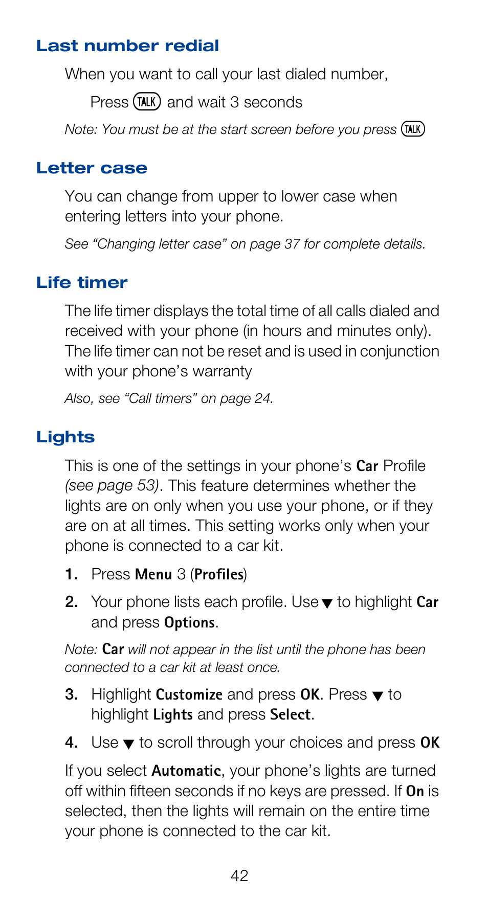 Last number redial, Life timer, Lights | Last number redial life timer lights | Nokia 6120i User Manual | Page 49 / 101