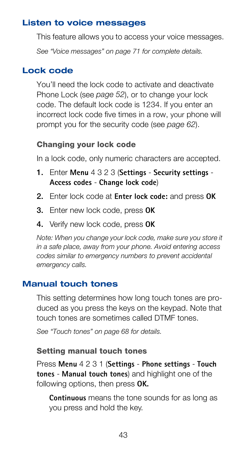 Listen to voice messages, Lock code, Changing your lock code | Manual touch tones, Listen to voice messages lock code | Nokia 6120i User Manual | Page 50 / 101