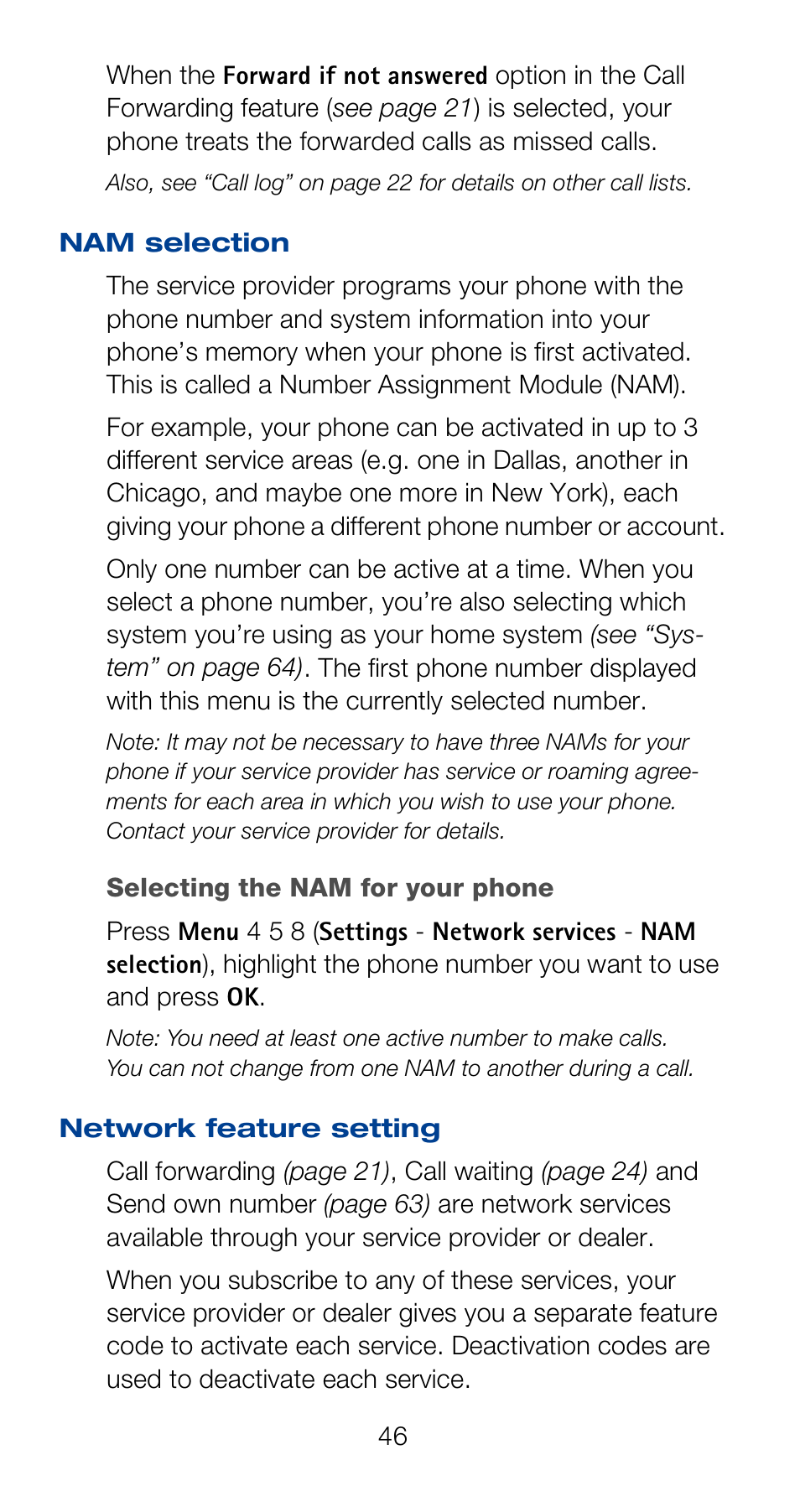 Nam selection, Network feature setting, Nam selection network feature setting | Nokia 6120i User Manual | Page 53 / 101