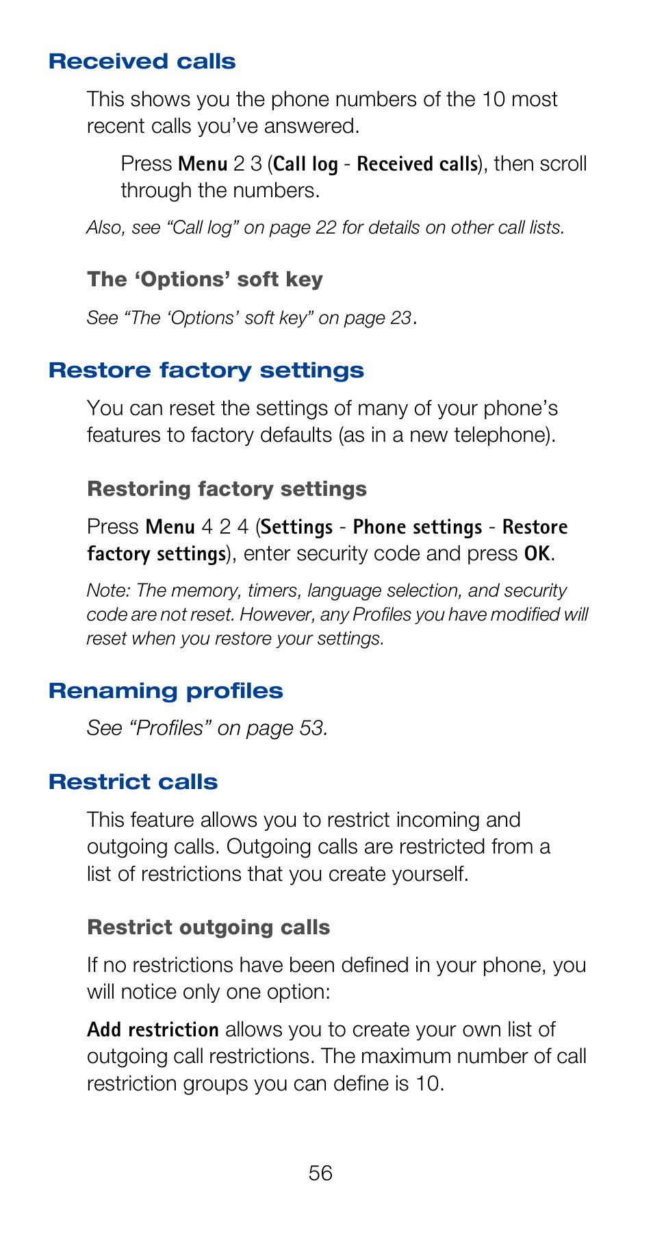 Received calls, Restore factory settings, Restrict calls | Nokia 6120i User Manual | Page 63 / 101
